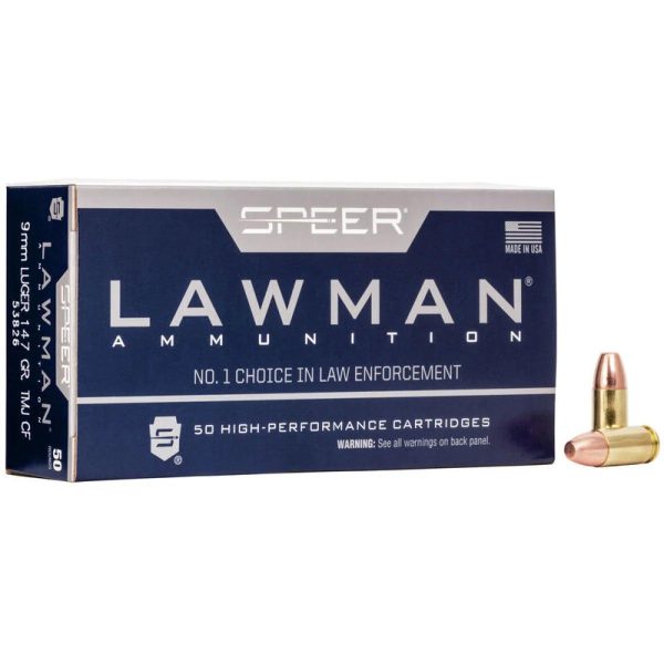Speer lawman handgun ammunition clean-fire 9mm luger 147 gr. Tmj 985 fps 50/ct