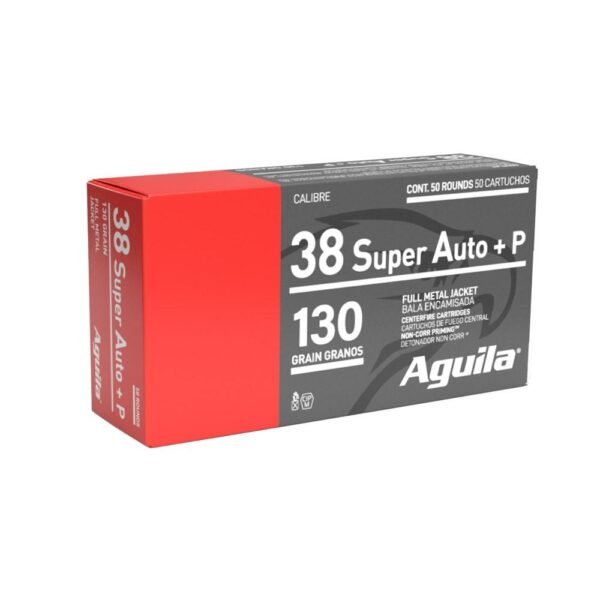 Aguila handgun ammuntion. 38 super auto+p 130 gr fmj 1220 fps 50/ct