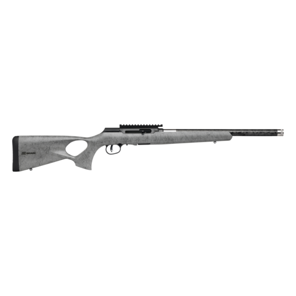 Savage arms a22 timberlite thumbhole rifle. 22 lr 10rd magazine 18" 1/2x28 threaded barrel grey with black spiderweb