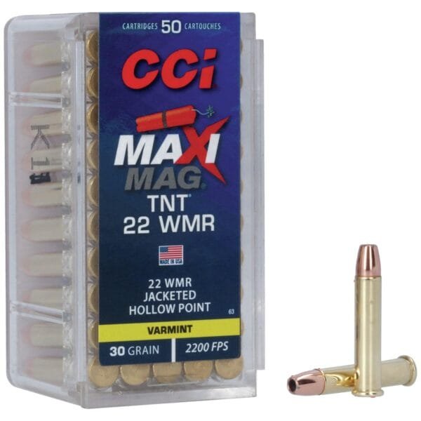 Cci maxi-mag tnt rimfire ammunition. 22 wmr 30 gr hp 2200 fps 50/ct