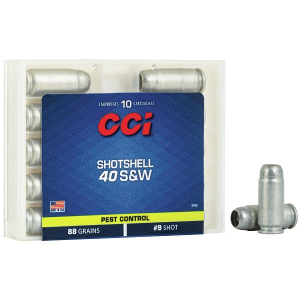 Cci pest control handgun shotshells. 40 s&w 88 gr #9 shot 1250 fps 10/ct