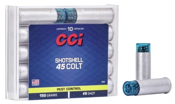 Cci handgun shotshells. 45 colt 150 gr #9 shot 1000 fps 10/box