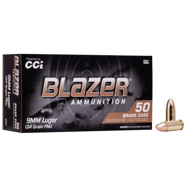 Cci blazer brass handgun ammunition 9mm luger 124 gr. Fmj 1090 fps 50/ct