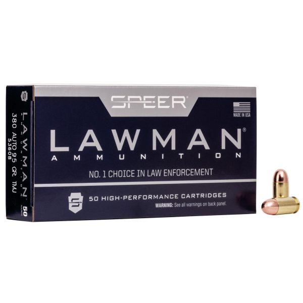 Speer lawman handgun ammunition. 380 auto 95 gr. Tmj 950 fps 50/ct