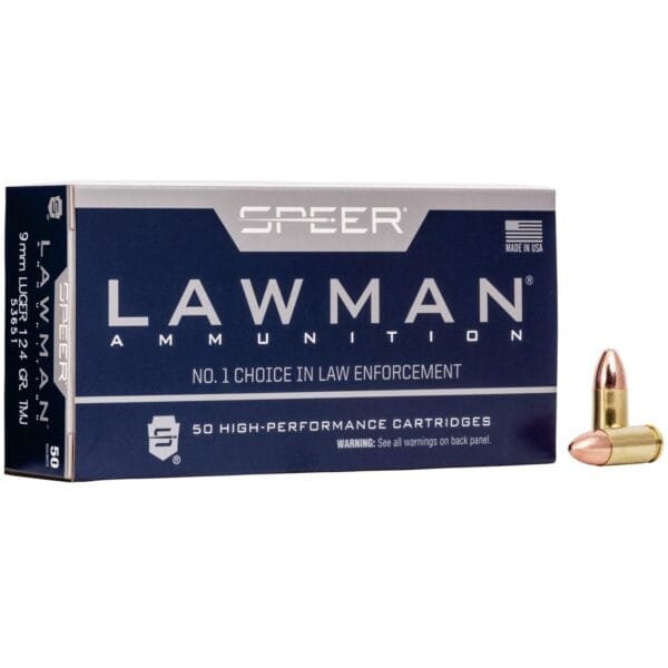 Speer lawman handgun ammunition 9mm luger 124 gr tmj 1090 fps 50/ct