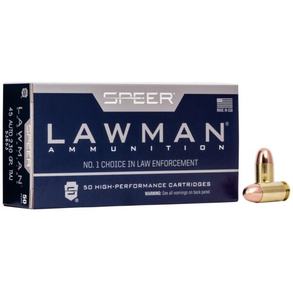 Speer lawman handgun ammunition. 45 acp 230 gr tmj 830 fps 50/ct