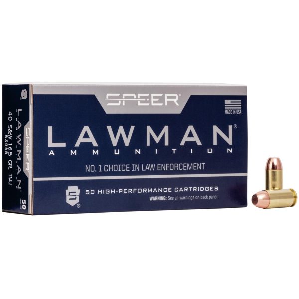 Speer lawman handgun ammunition. 40 s&w 165 gr tmj 1150 fps 50/ct