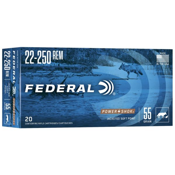 Federal power-shok rifle ammunition. 22-250 rem 55 gr sp 3050 fps - 20/box