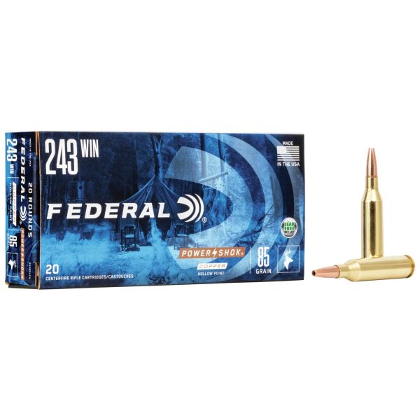 Federal copper power-shok rifle ammunition. 243 win 85 gr chp 3200 fps 20/ct