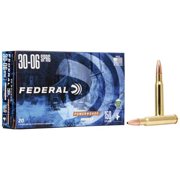 Federal copper power-shok rifle ammunition. 30-06 sprg150 gr chp 2910 fps 20/ct