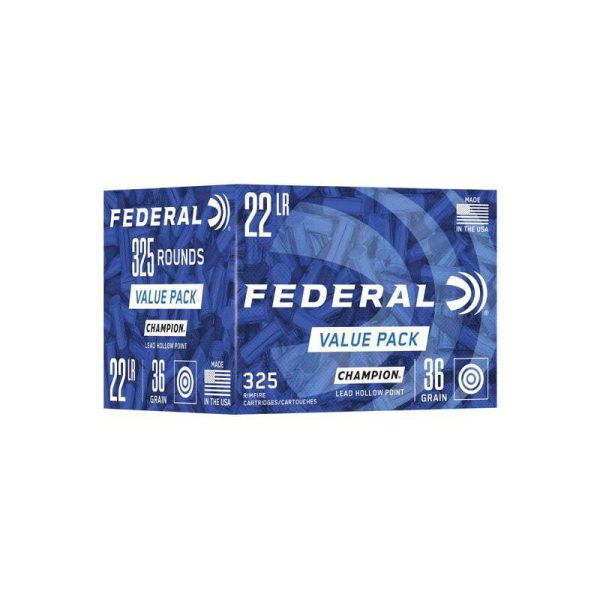 Federal champion training rimfire ammunition. 22 lr 36gr hp 1260 fps 325/ct value pack