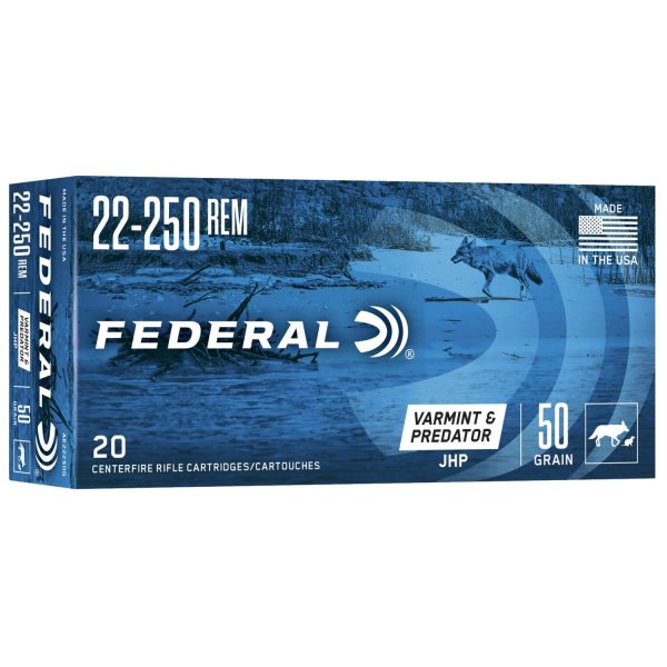 Federal american eagle rifle ammunition. 22-250 50gr jacketed hollow point 20 rounds/box