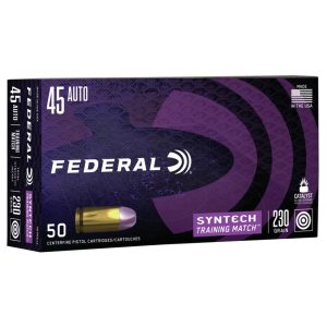 Federal syntech training handgun ammunition. 45 acp 230 gr tsj 890 fps 50/ct
