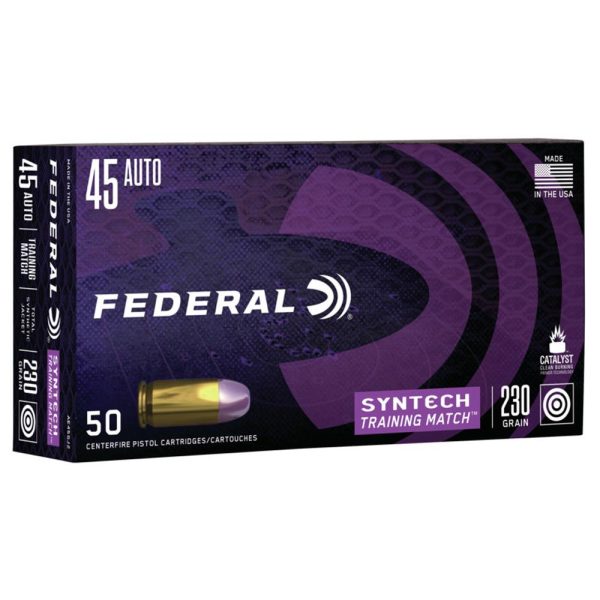 Federal syntech training handgun ammunition. 45 acp 230 gr tsj 890 fps 50/ct