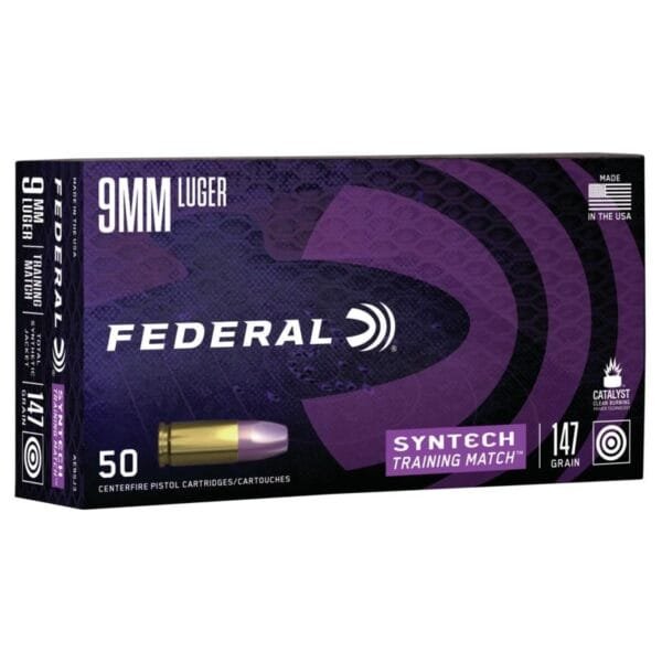 Federal syntech training handgun ammunition 9mm luger 147 gr tsj 1000 fps 50/ct