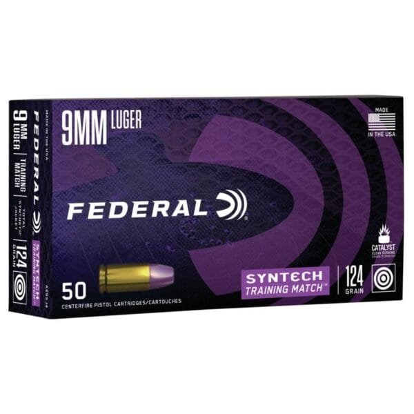 Federal syntech training handgun ammunition 9mm luger 124 gr. Tsj 1050 fps 50/ct