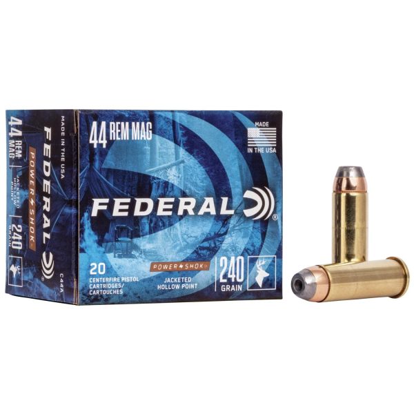 Federal power-shok handgun ammunition. 44 mag 240 gr jhp 1230 fps 20/box