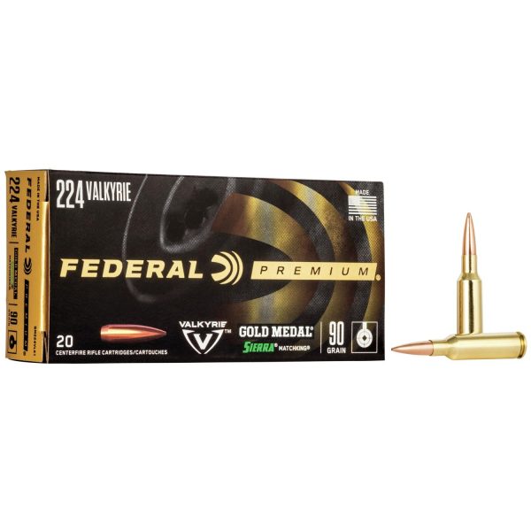 Federal premium gold medal sierra matchking  ammunition. 224 valkyrie 90 gr 2700 fps bthp 20/ct