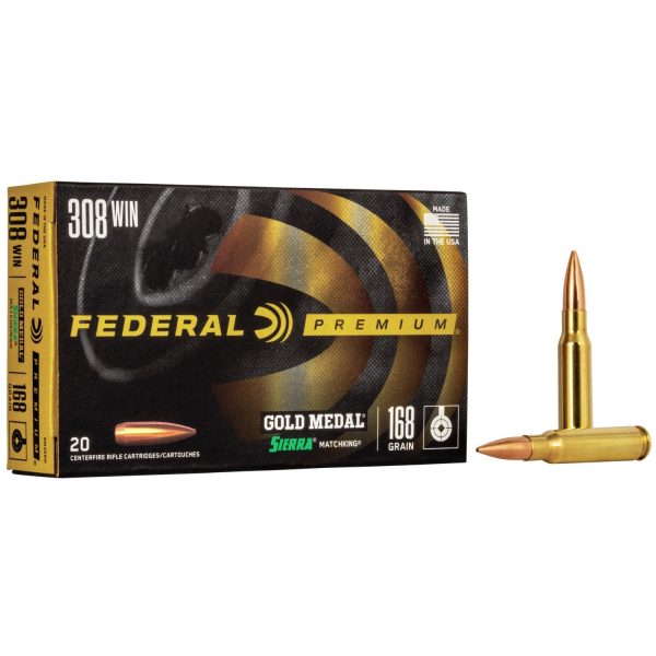 Federal premium gold medal sierra matchking rifle ammunition. 308 win 168 gr bthp 2650 fps 20/ct