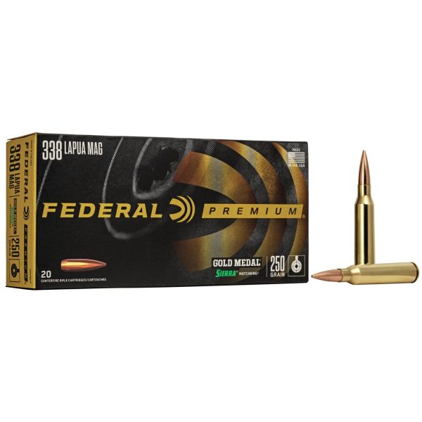 Federal premium gold medal rifle sierra matchking ammunition. 338 lapua mag 250 gr bthp 2950 fps - 20/box