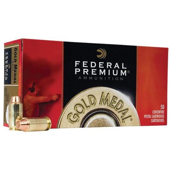 Federal premium gold medal handgun ammunition. 45 acp 230 gr fmj 860 fps 50/box