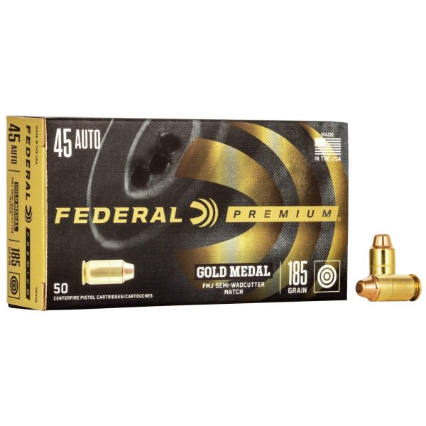 Federal premium gold medal handgun ammunition. 45 acp 185 gr fmj-swc 770 fps 50/box