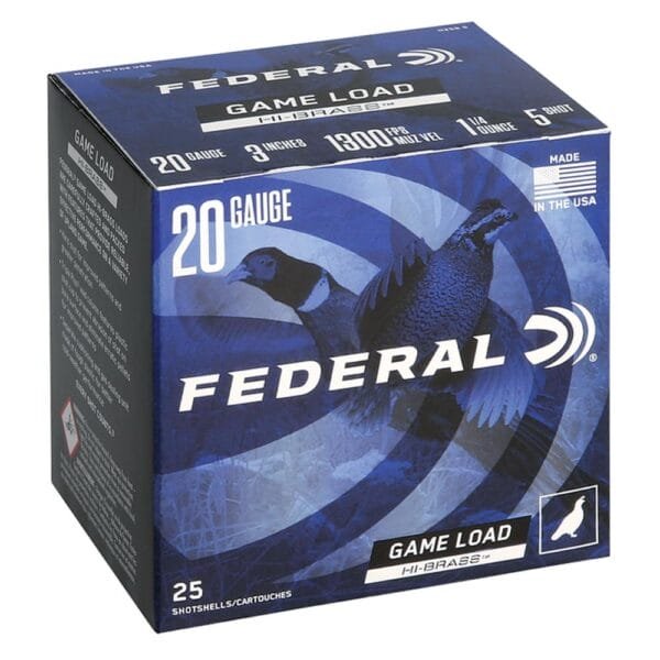 Federal game-shok hi-brass lead ss 20ga 3" 3dr 1 1/4oz 5 ammo 25rd