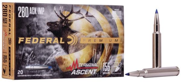 Federal terminal ascent rifle ammuntion. 280 ackley imp 155 gr 2930 fps 20/ct