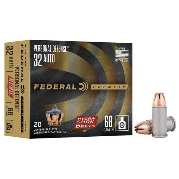 Federal personal defense hydra-shok deep ammunition. 32 auto 68gr jhp 1000 fps 20/ct