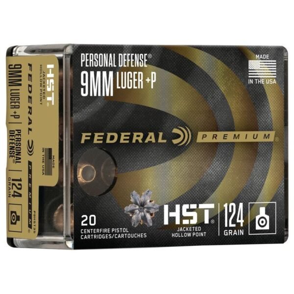 Federal personal defense hst handgun ammunition 9mm luger( +p) 124 gr. Jhp 1200 fps 20/ct