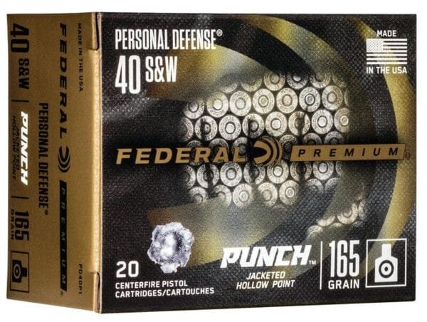 Federal personal defense punch handgun ammuntion. 40 s&w 165 gr jhp 1130 fps 20/ct