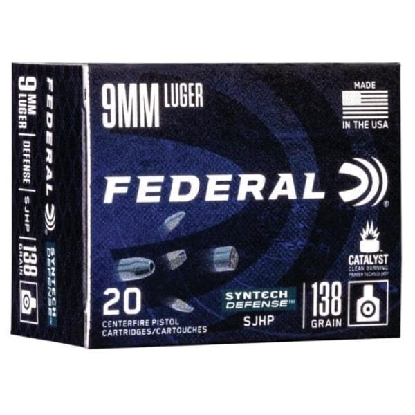 Federal  syntech defense handgun ammuntion 9mm luger 138 gr sjhp 1130 fps 20/ct