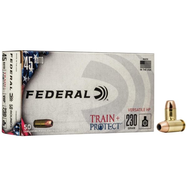 Federal train+protect handgun ammunition. 45 acp 230 gr vhp 50/ct