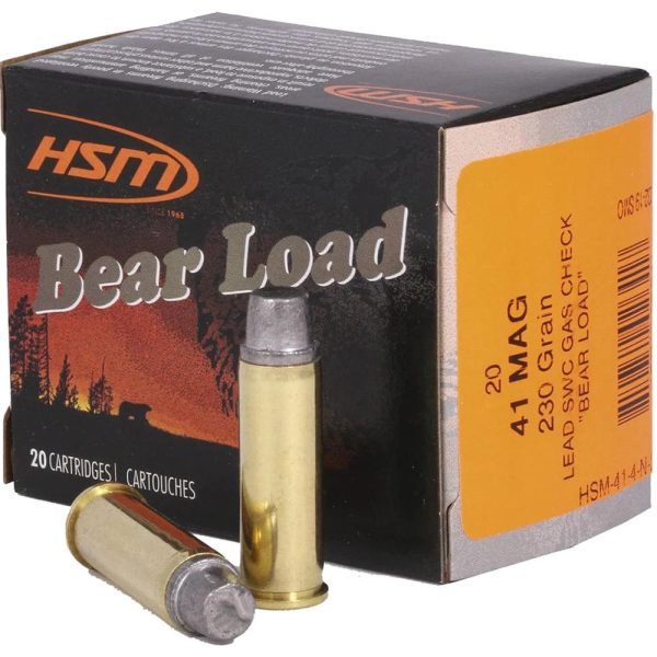 Hsm bear load hard cast handgun ammunition. 41 rem mag 230gr swc gas check 1233 fps 20/ct