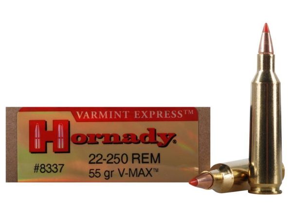 Hornady varmint express rifle  ammunition. 22-250 rem 55 gr v-max 3680 fps - 20/box