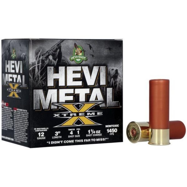 Hevi-shot hevi-metal xtreme shotshell 12ga 3" 1-1/4 oz 1450 fps #1 steel & #4 tungsten 25/ct