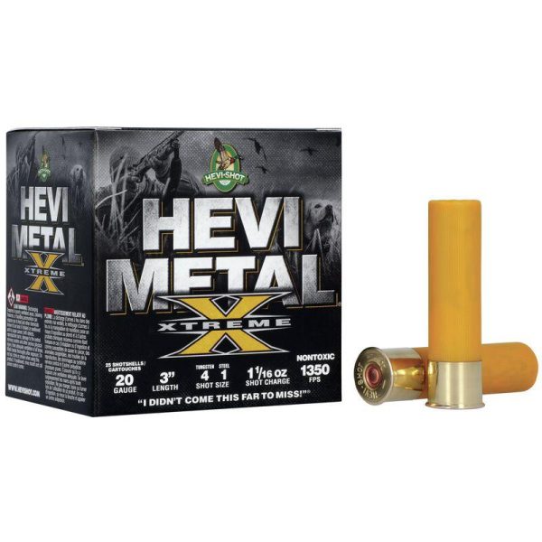 Hevi-shot hevi-metal xtreme shotshell 20ga 3" 1-1/16 oz 1350 fps #4 tungsten & #1 steel 25/ct