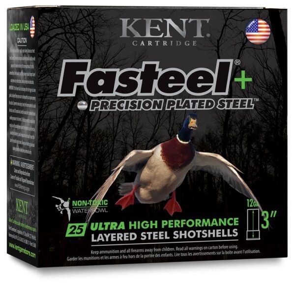 Kent fasteel + precision plated steel waterfowl shotshells 12ga 3" 1-1/4oz 1450 fps #bb & #2 25/ct