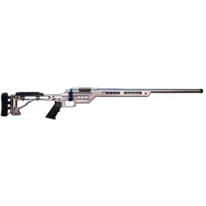 A silver and black rifle with a precision-engineered metal frame and a sleek, modern design.