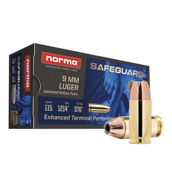 Norma safeguard handgun ammunition 9mm luger 115gr jhp 1214 fps 50/ct