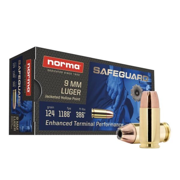 Norma safeguard handgun ammunition 9mm luger 124gr jhp 1188 fps 50/ct