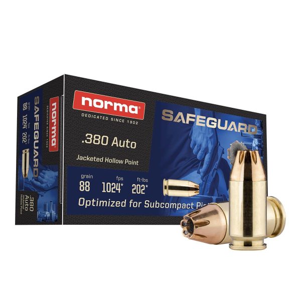 Norma safeguard handgun ammunition. 380 auto 88gr jhp 1024 fps 50/ct