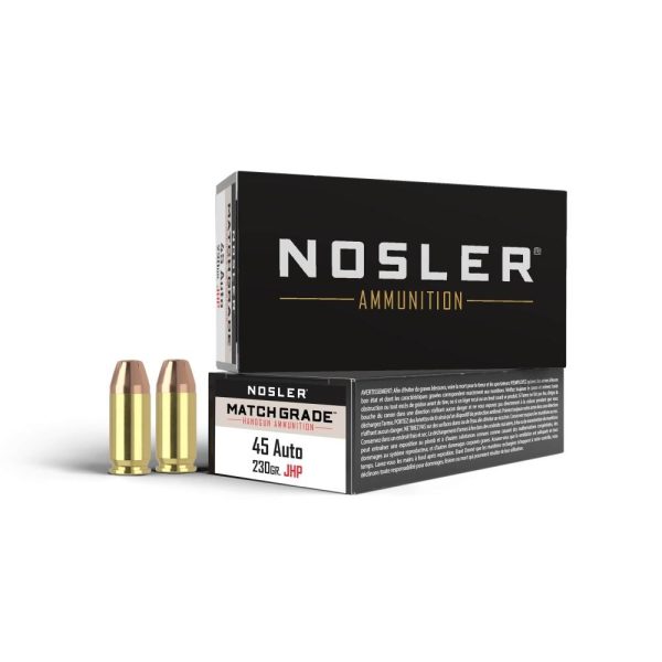 Nosler match grade handgun ammo. 45 acp 230 gr jhp 850 fps 50/box