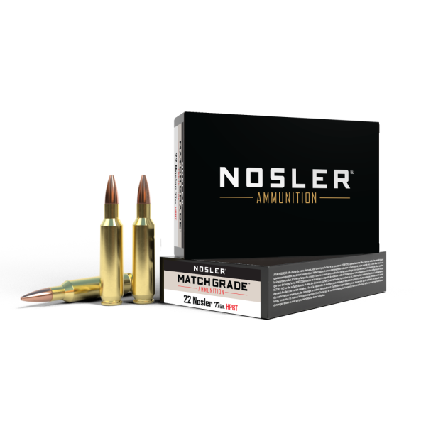 Nosler match grade rifle ammunition. 22 nosler 77 gr cc 2950 fps 20/ct