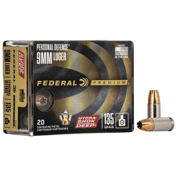 Federal premium hydra-shok deep handgun ammunition 9mm luger 135gr hp 1060 fps 20/ct