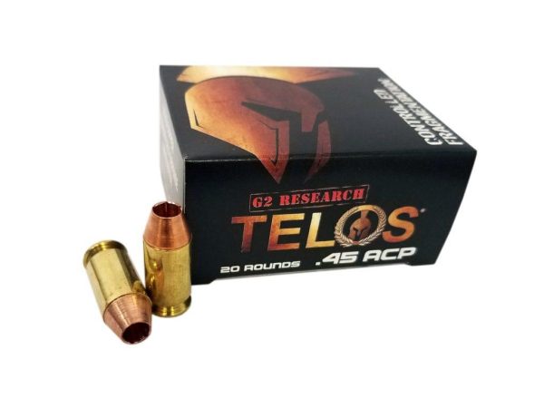 G2 research telos handgun ammunition. 45 acp 160 gr hp 920 fps 20/ct
