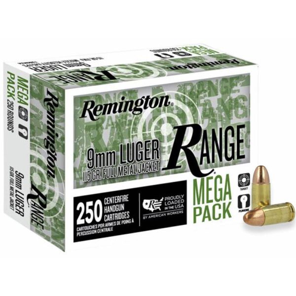 Remington range handgun ammunition 9mm luger 115 gr. Fmj 1145 fps 250/ct