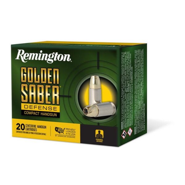 Remington golden saber defense compact ammunition. 40 s&w 180gr bjhp 785 fps 20/ct