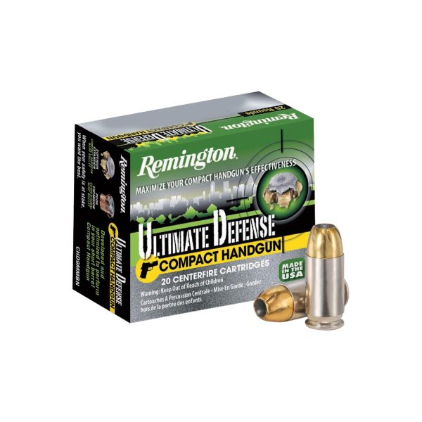 Remington ultimate defense compact handgun ammunition. 45 acp 230 gr bjhp 725 fps 20/ct