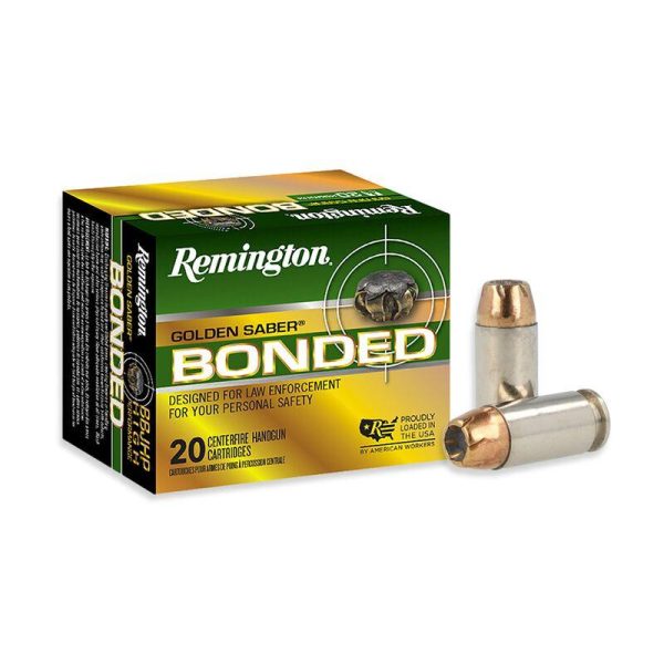 Remington golden saber bonded handgun ammunition. 40 s&w 165 gr bjhp 1150 fps 20/ct